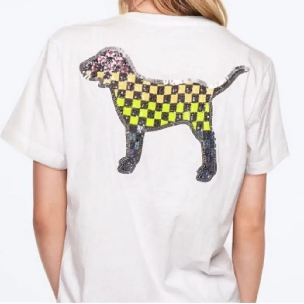 PINK VS CHECKERED RAINBOW BLING DOG CAMPUS TSHIRT XL